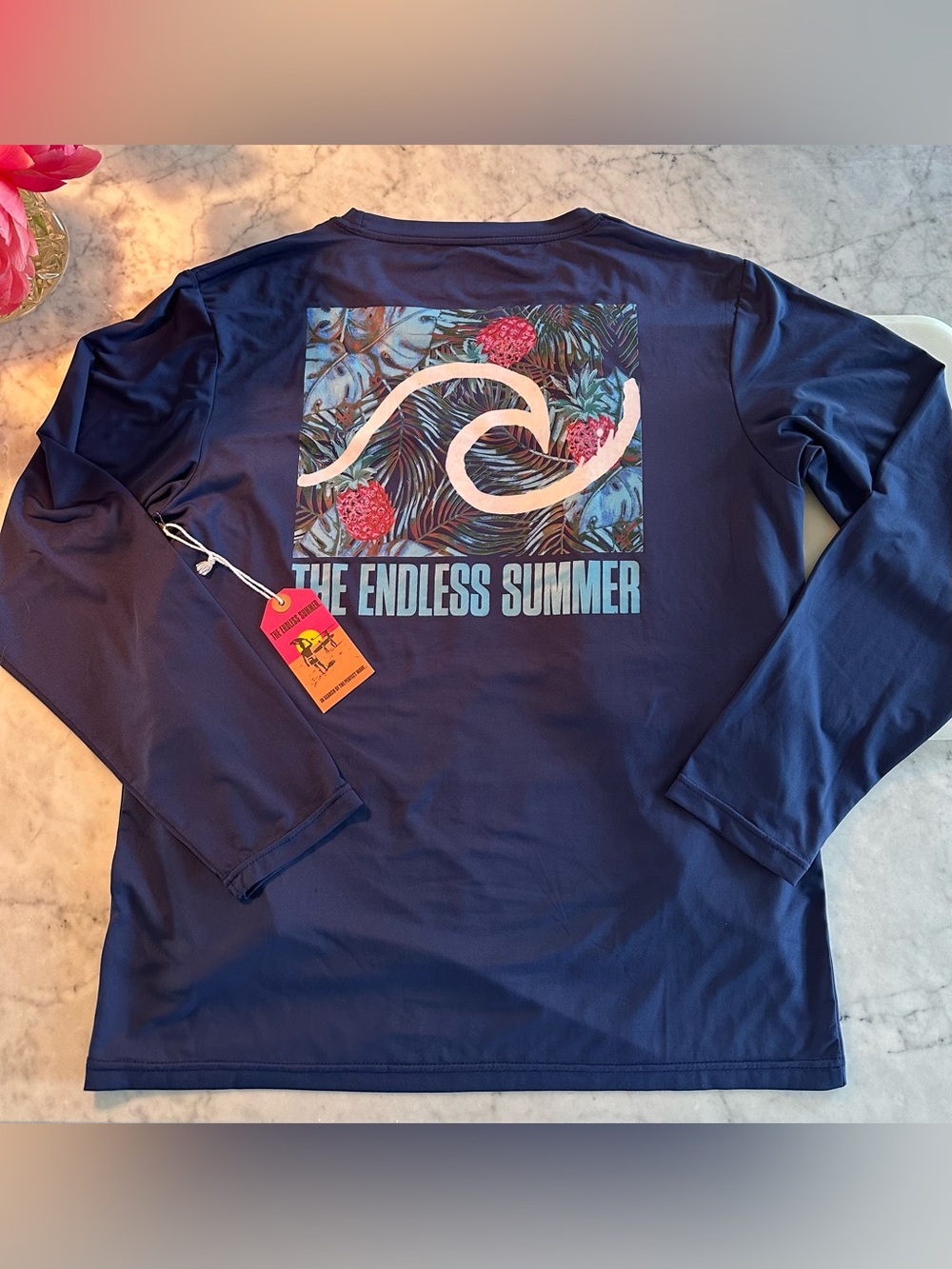 🆕 Endless Summer Men's Navy XL Long-Sleeve Swim Shirt SURF Art Back Retail $79